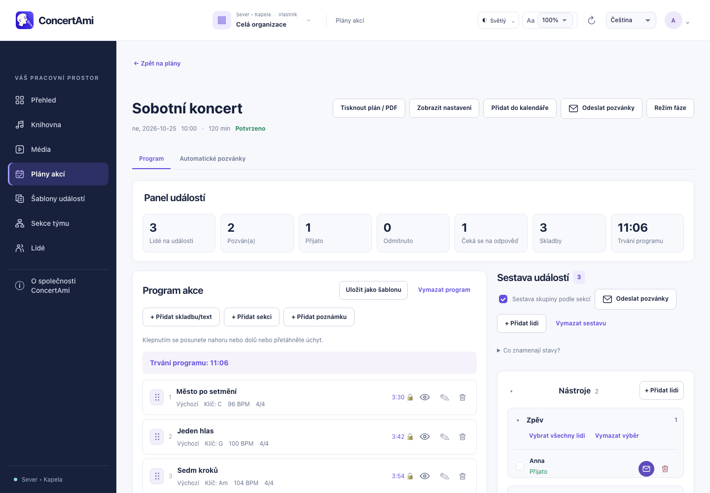 Ukázkový program ConcertAmi — české webové rozhraní, syntetická data