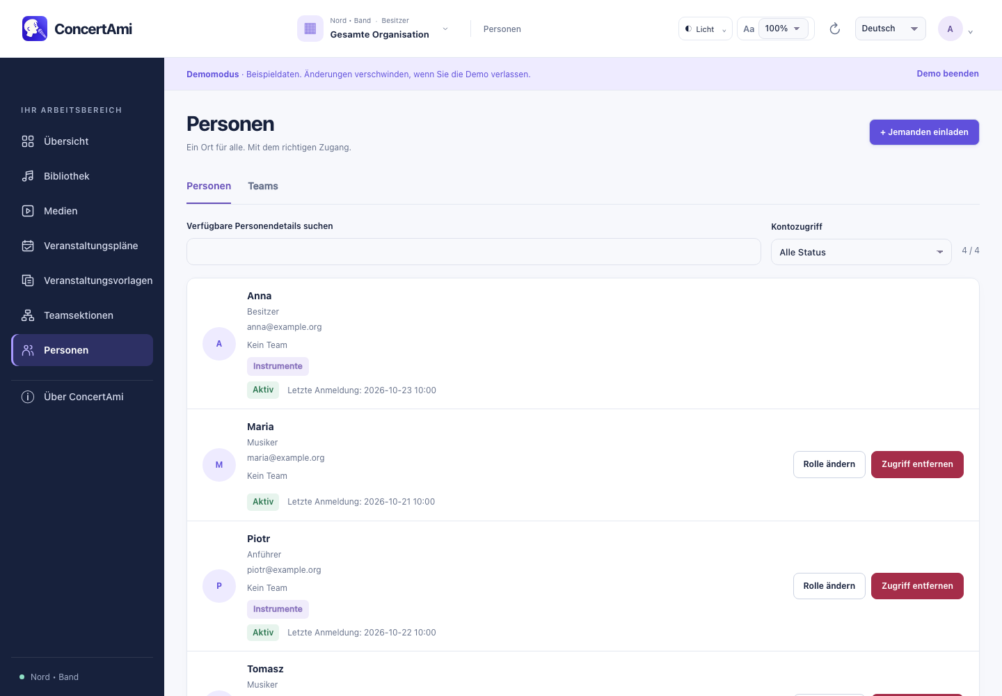 Einer Organisation beitreten — Demonstrationsdaten