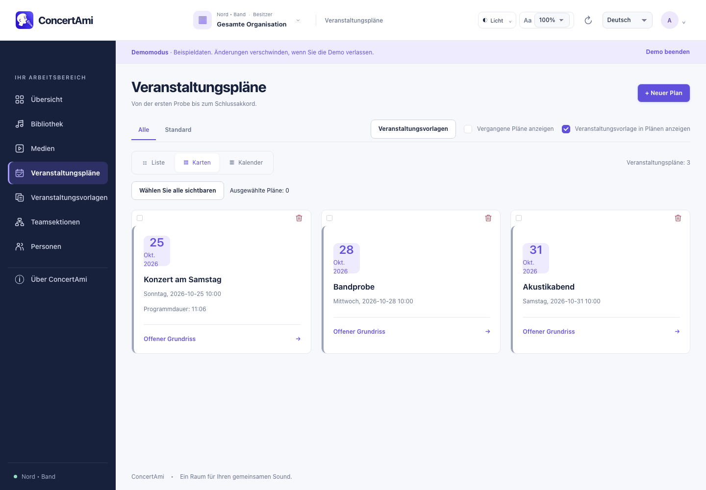 Übersicht, Planliste und Kalender — Demonstrationsdaten