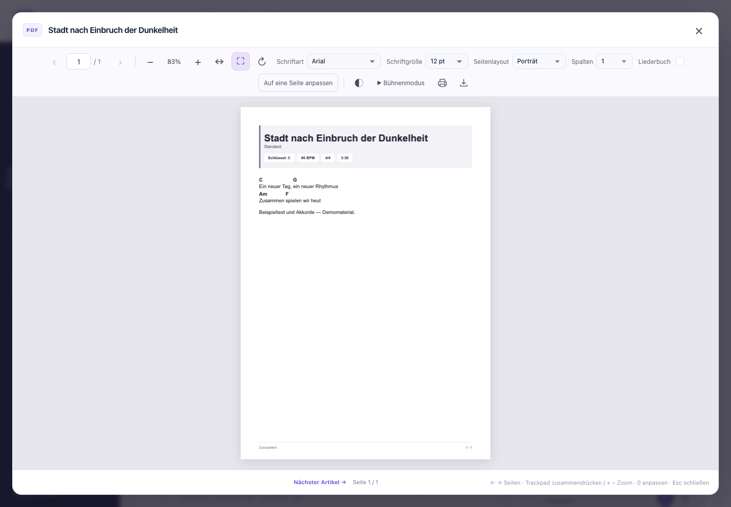 PDF-Vorschau, Druck und Download — Demonstrationsdaten