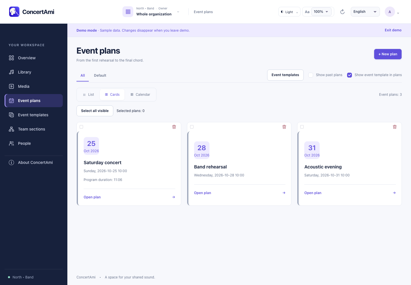 Overview, plan list and calendar — demonstration data