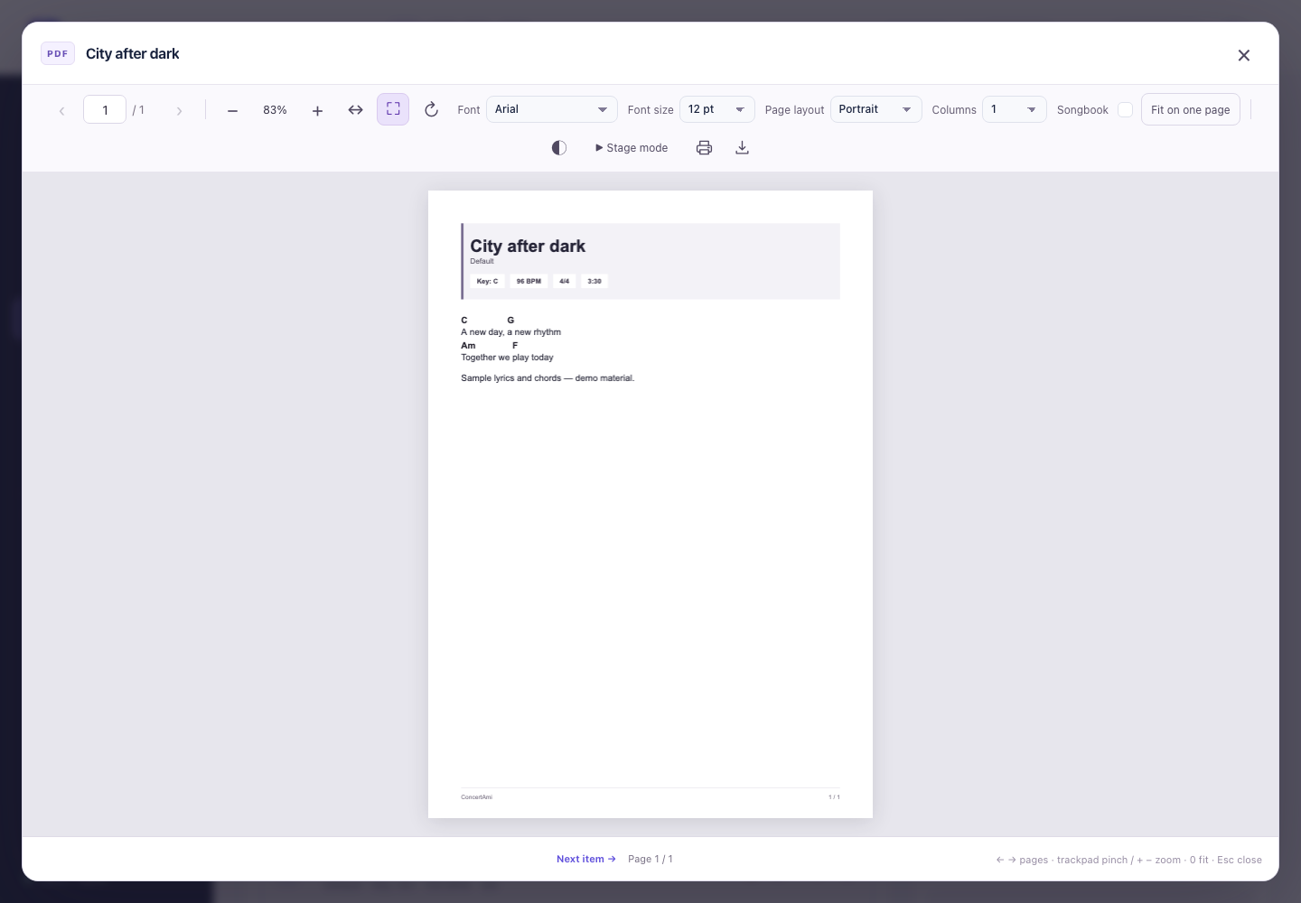 PDF preview, printing and downloads — demonstration data