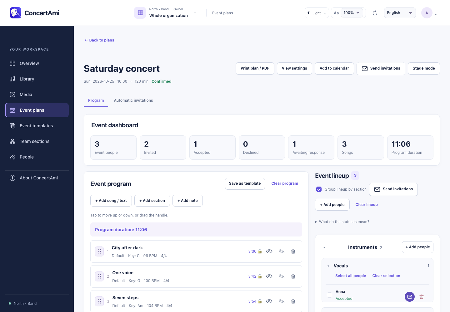 Example ConcertAmi event programme — English web interface, synthetic demo data