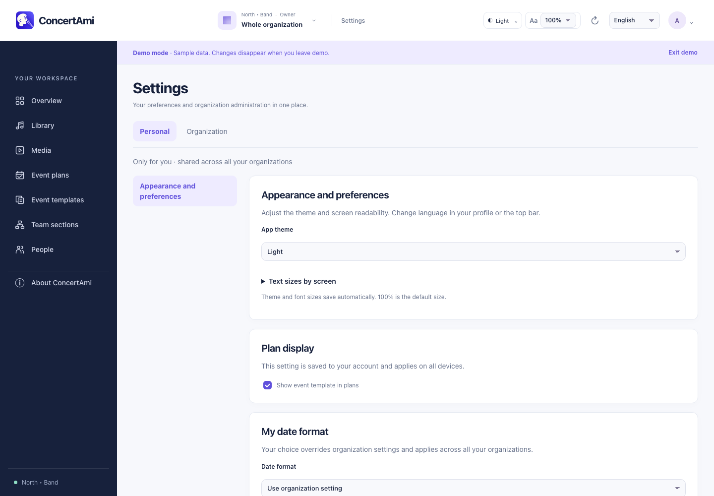 Appearance, language and date formats — demonstration data
