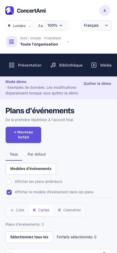 Vue web adaptative sur téléphone — données de démonstration
