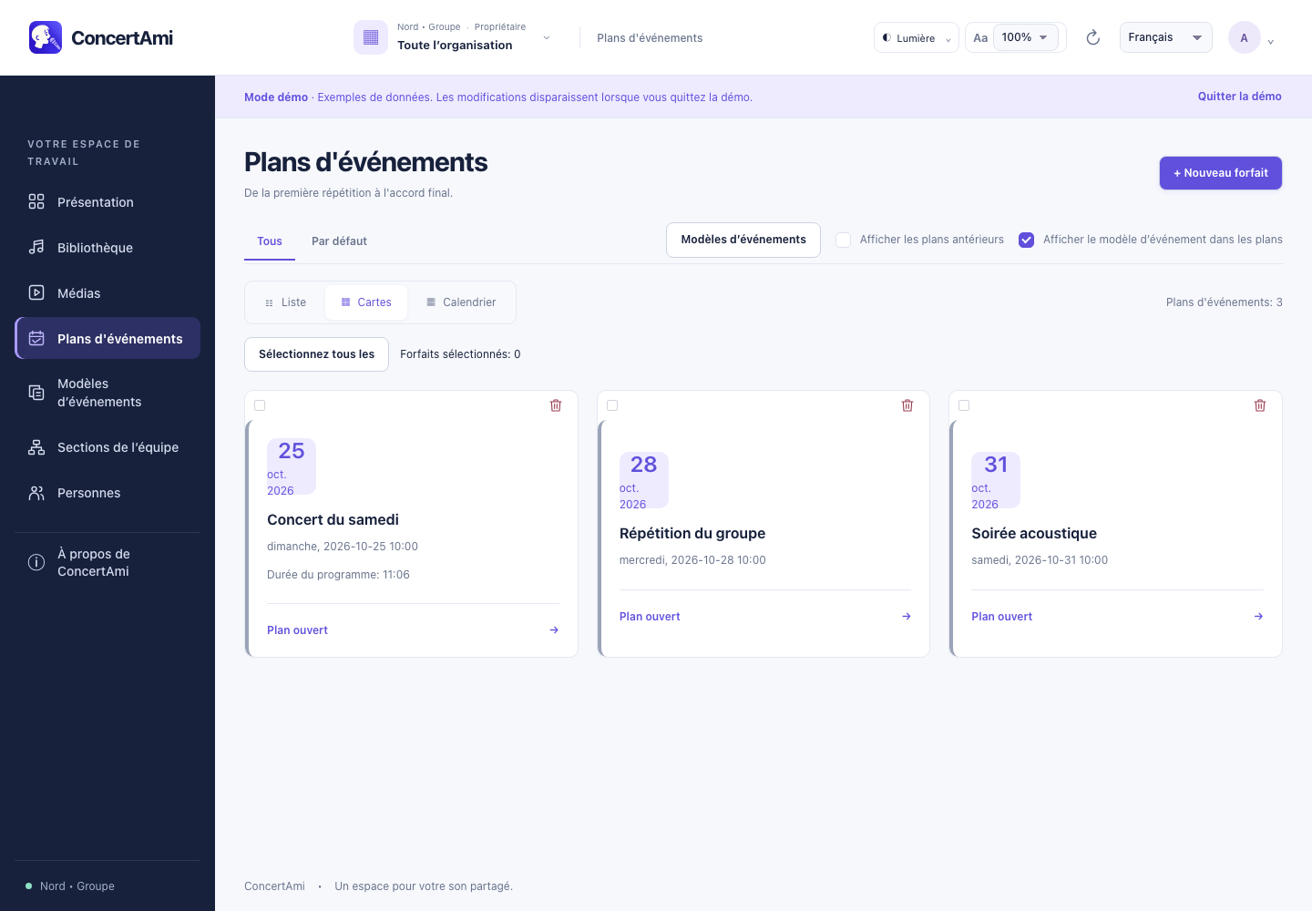 Vue des plans — données de démonstration