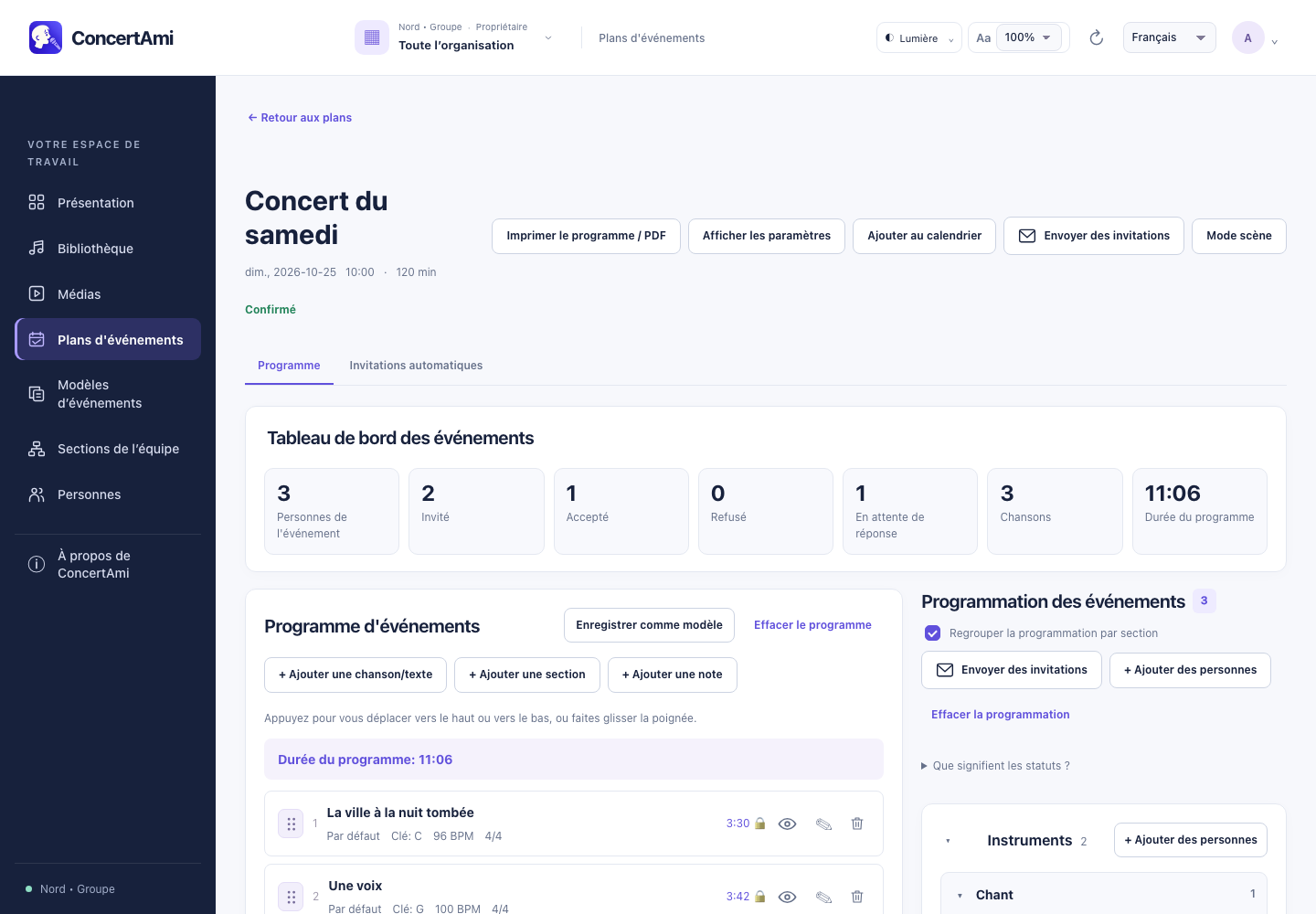 Exemple de programme ConcertAmi — interface web française, données de démonstration synthétiques