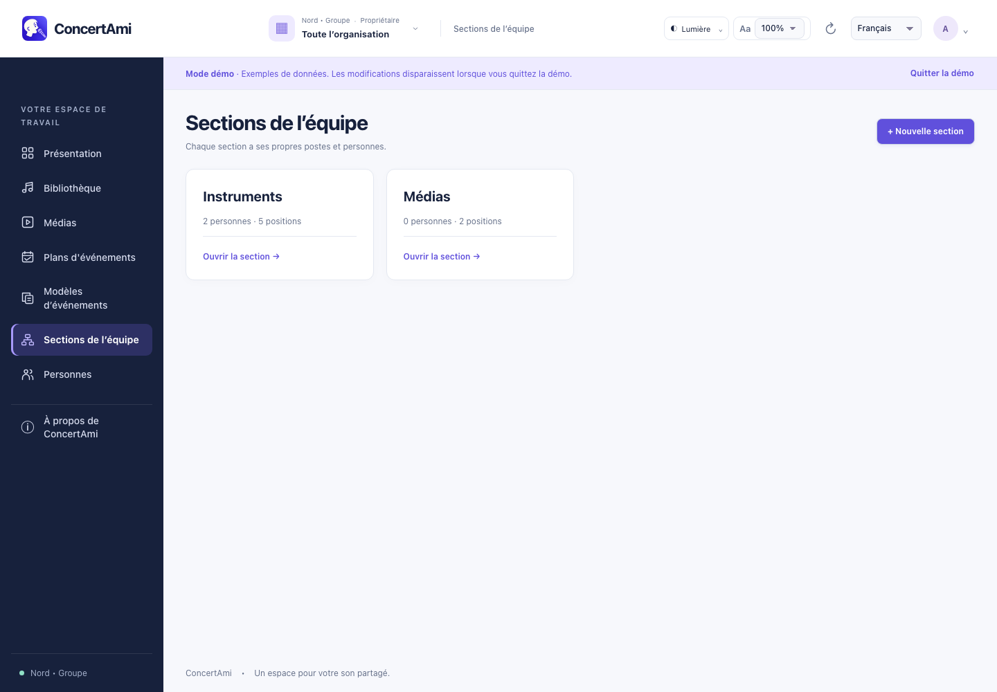 Catalogue des sections — données de démonstration