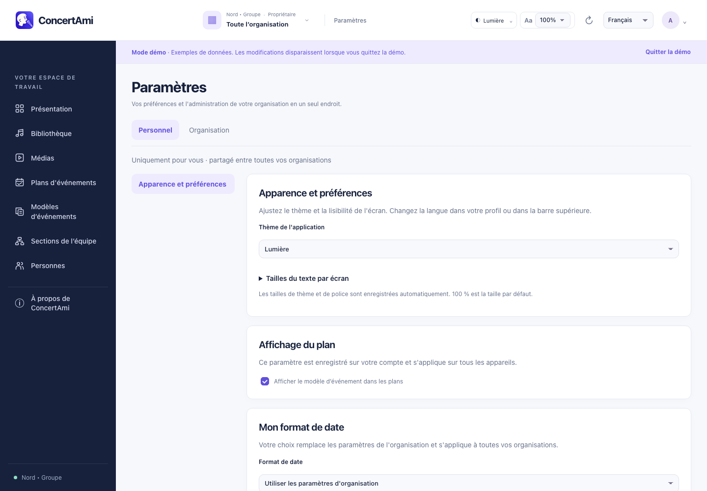 Paramètres de l’application — données de démonstration