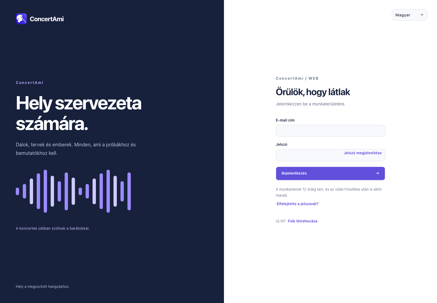 Bejelentkezési képernyő — bemutatóadatok