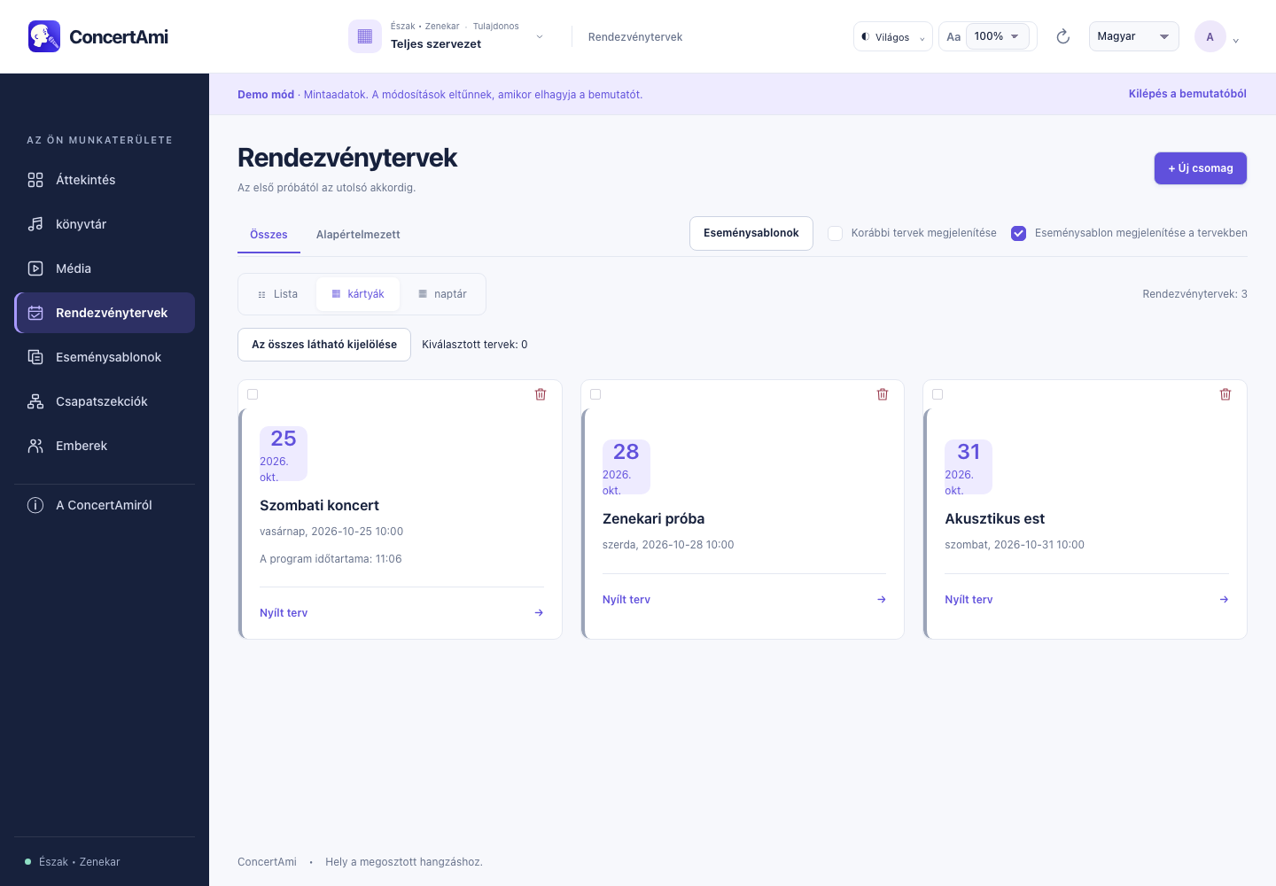 Tervek nézete — bemutatóadatok