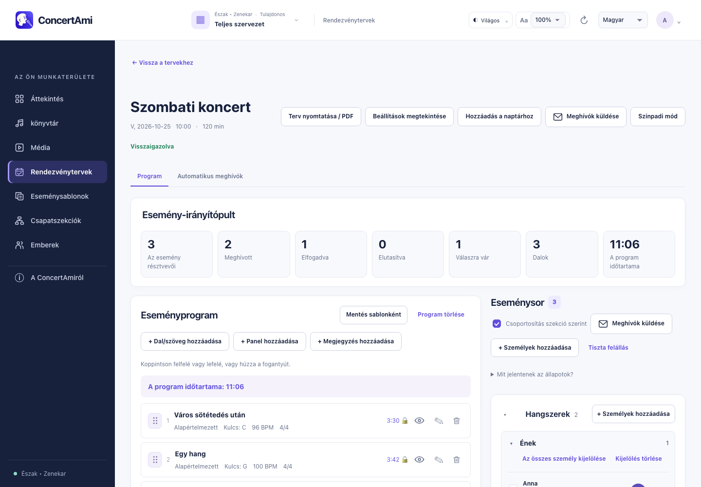 ConcertAmi mintaprogram — magyar webes felület, szintetikus bemutatóadatok