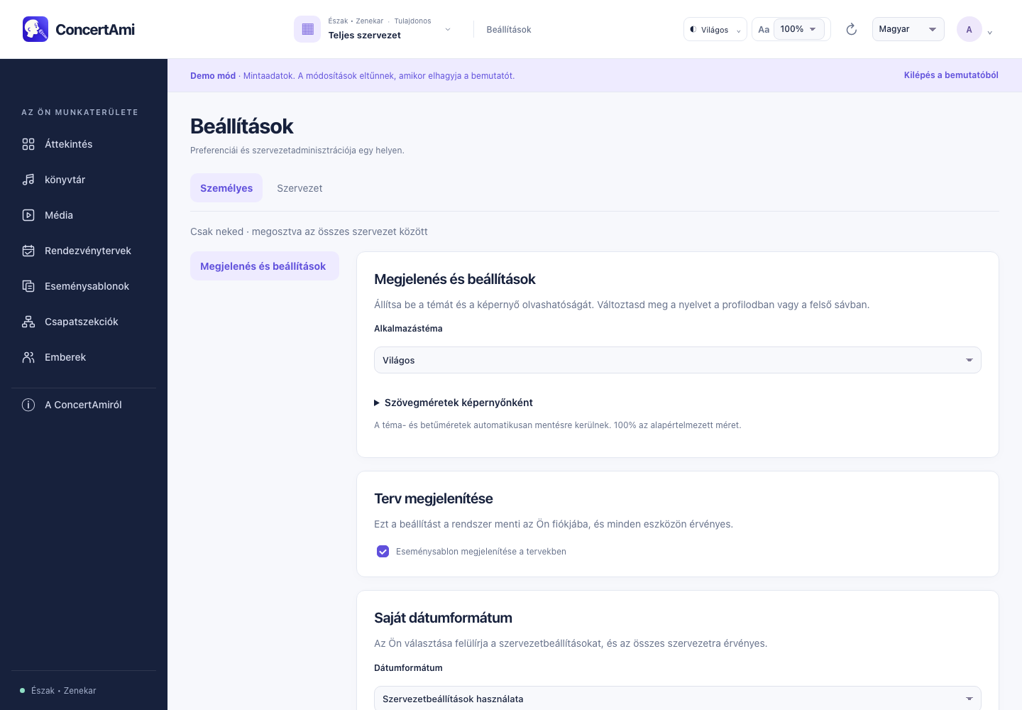 Alkalmazásbeállítások — bemutatóadatok