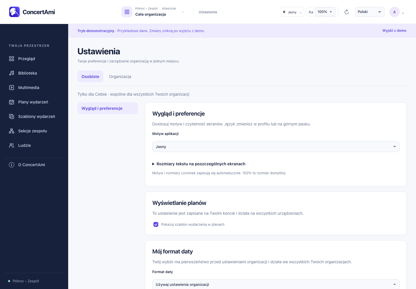 Ustawienia aplikacji — dane demonstracyjne